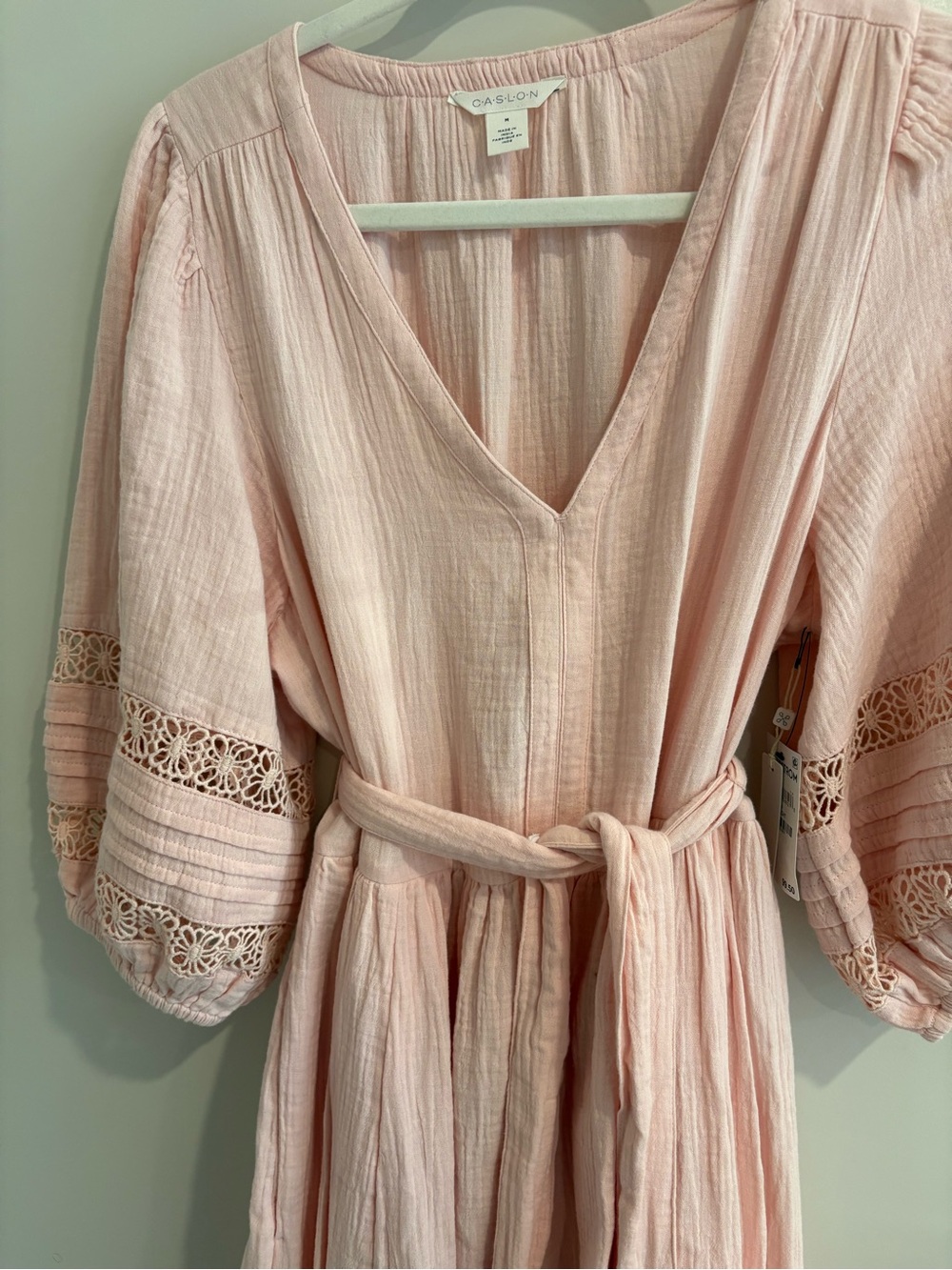 NWT Blush Pink Maxi Dress Puff Sleeve Boho Cottagecore Peasant Crochet Tie Waist - Picture 8 of 14
